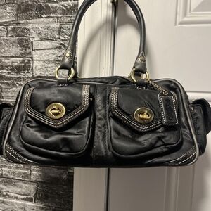 Coach Black Satin and Leather Legacy Satchel Bag with Turnlocks